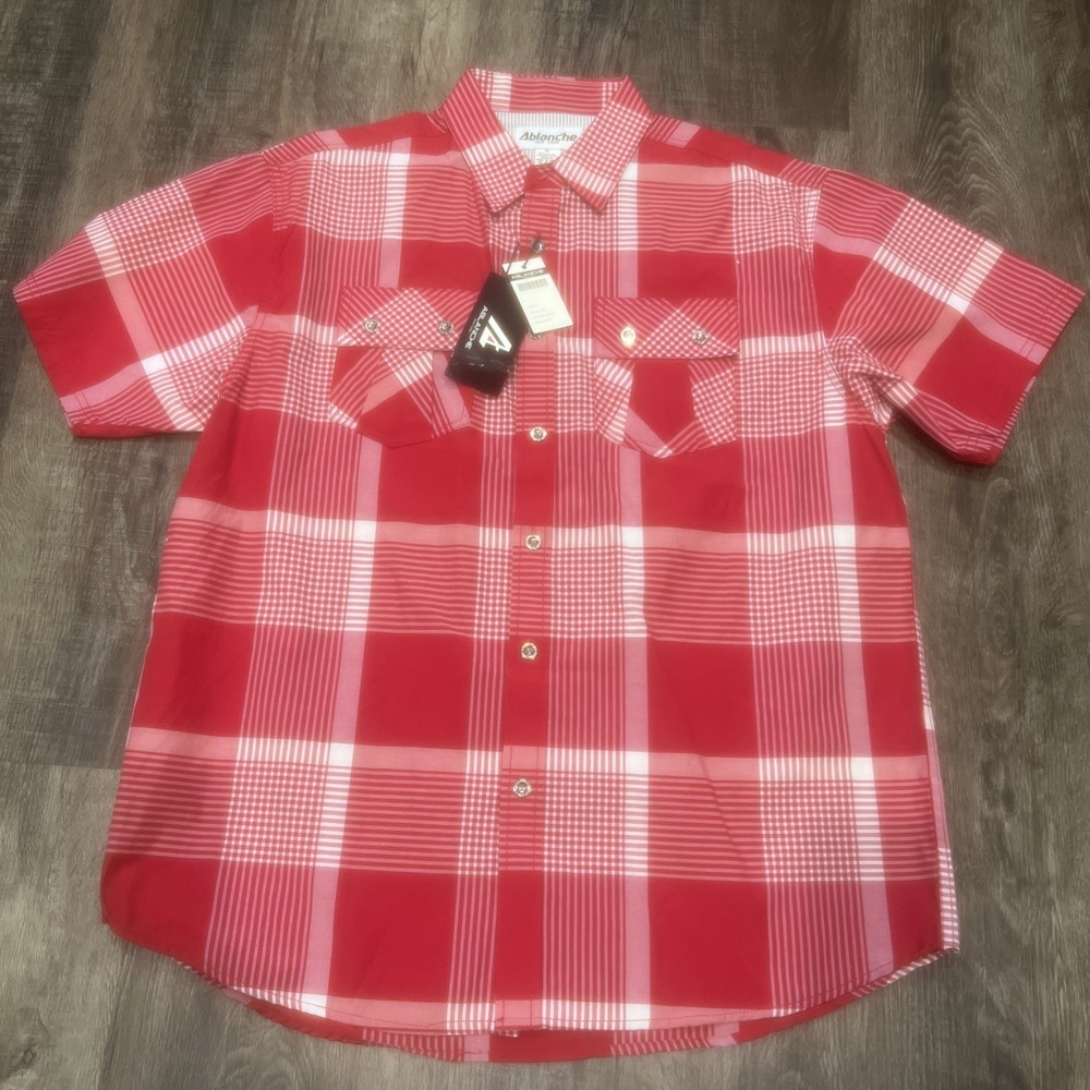 NEW-Ablanche Shirt Men XL Red Plaid Short Sleeves Button Up Western Cowboy